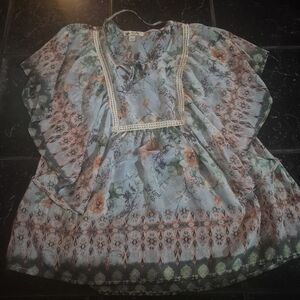 Unity World Wear Floral Blouse with Lace Peaseant boho Flowy L